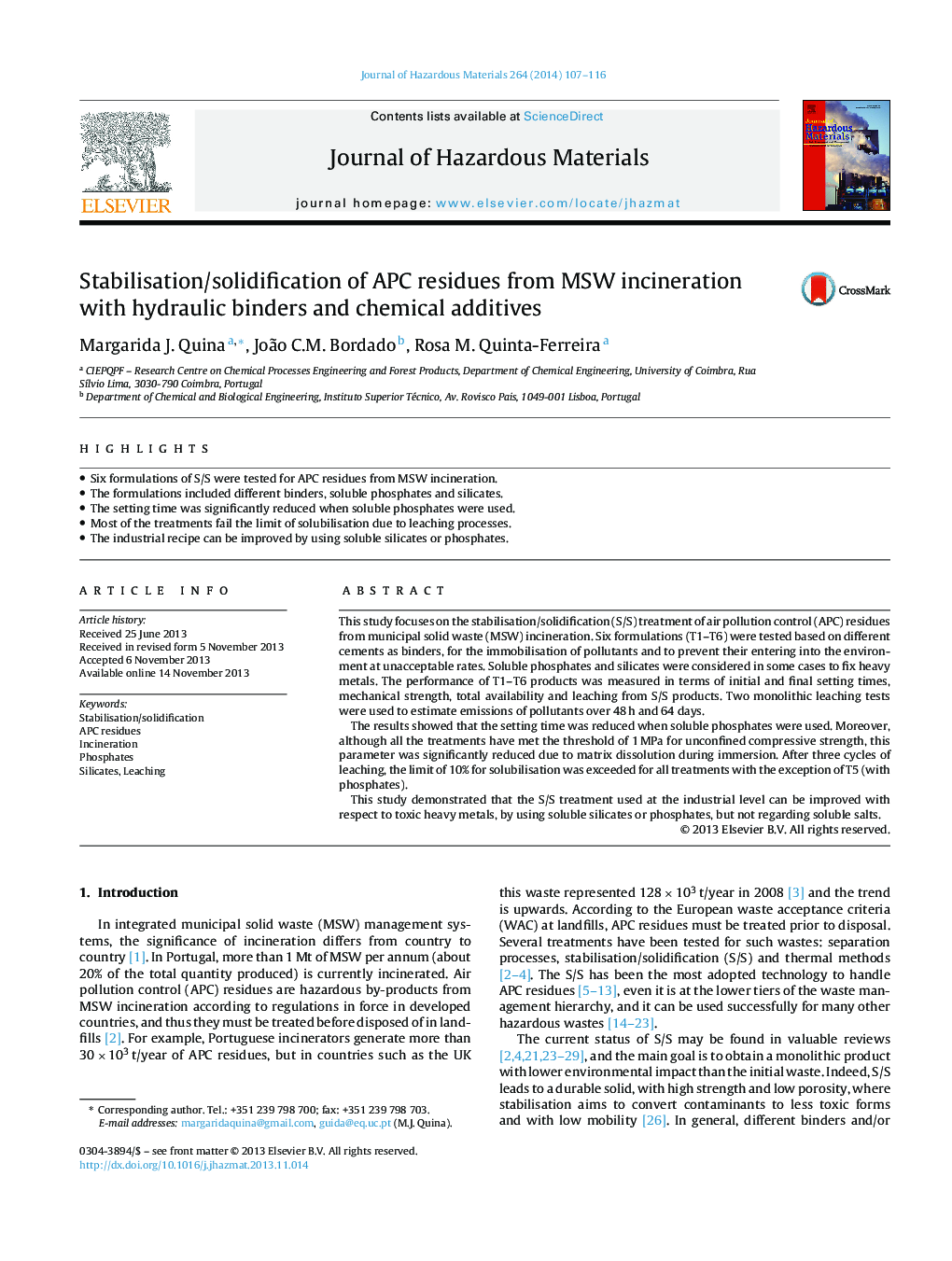 Stabilisation/solidification of APC residues from MSW incineration with hydraulic binders and chemical additives