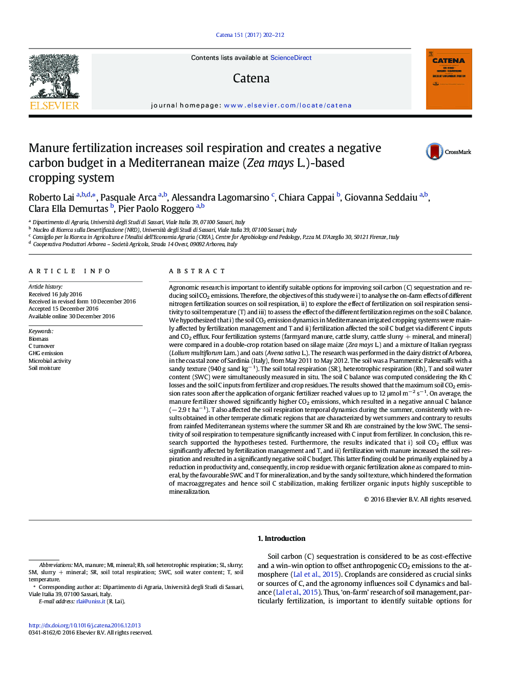 Manure fertilization increases soil respiration and creates a negative carbon budget in a Mediterranean maize (Zea mays L.)-based cropping system