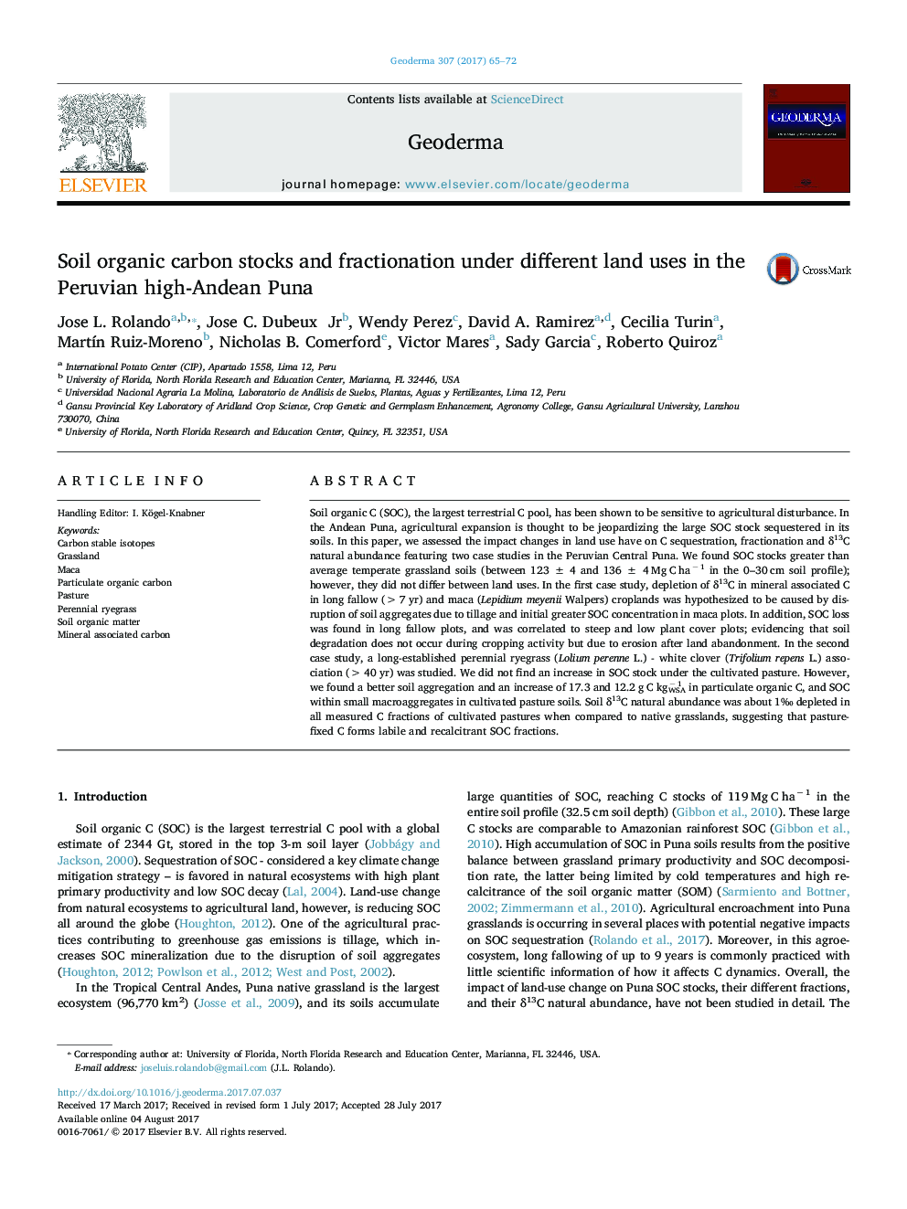 Soil organic carbon stocks and fractionation under different land uses in the Peruvian high-Andean Puna