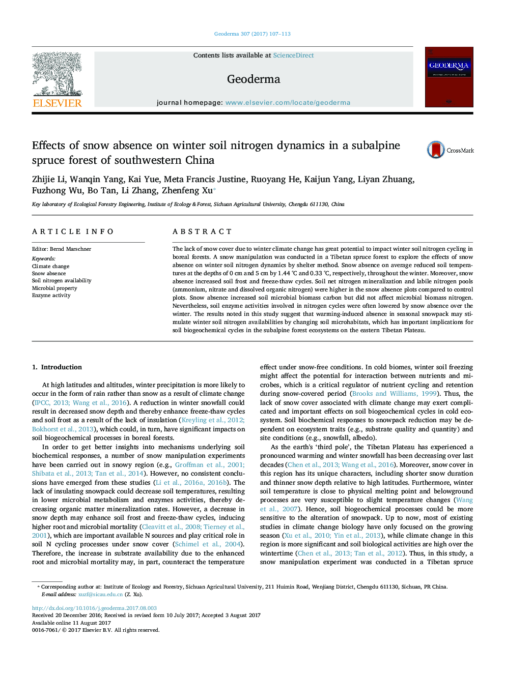 Effects of snow absence on winter soil nitrogen dynamics in a subalpine spruce forest of southwestern China