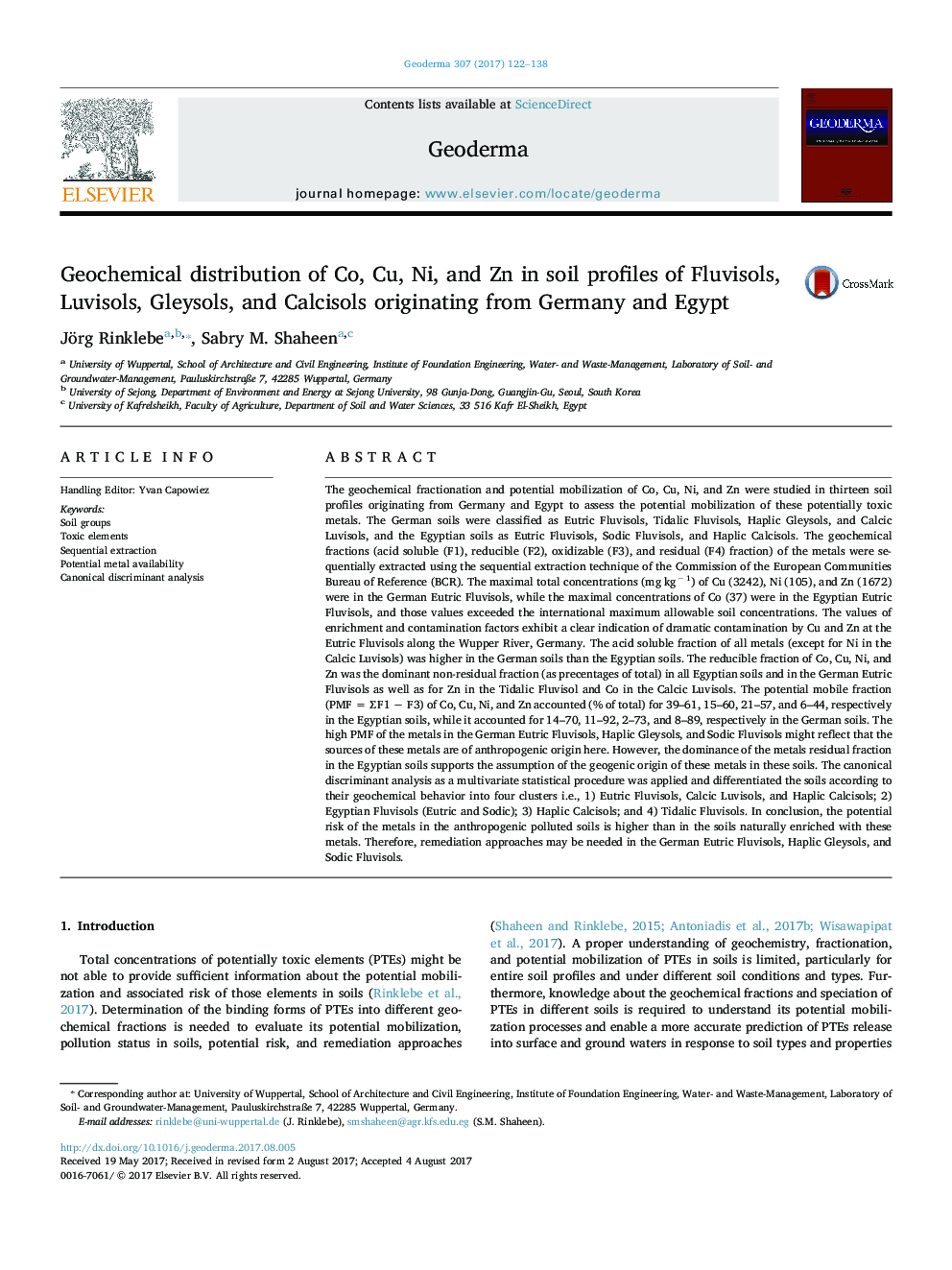 Geochemical distribution of Co, Cu, Ni, and Zn in soil profiles of Fluvisols, Luvisols, Gleysols, and Calcisols originating from Germany and Egypt