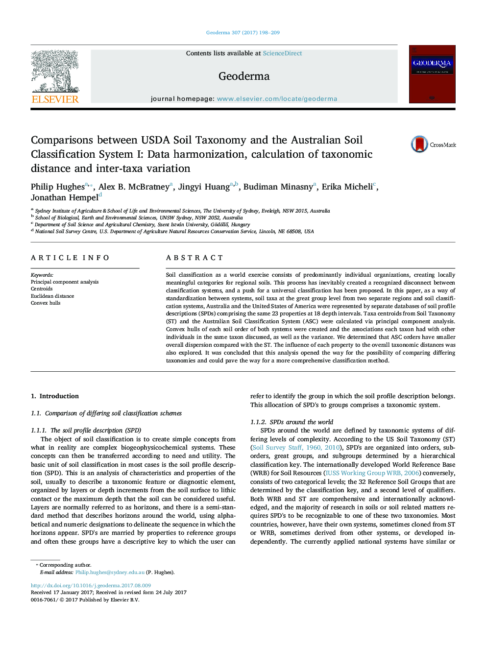 Comparisons between USDA Soil Taxonomy and the Australian Soil Classification System I: Data harmonization, calculation of taxonomic distance and inter-taxa variation
