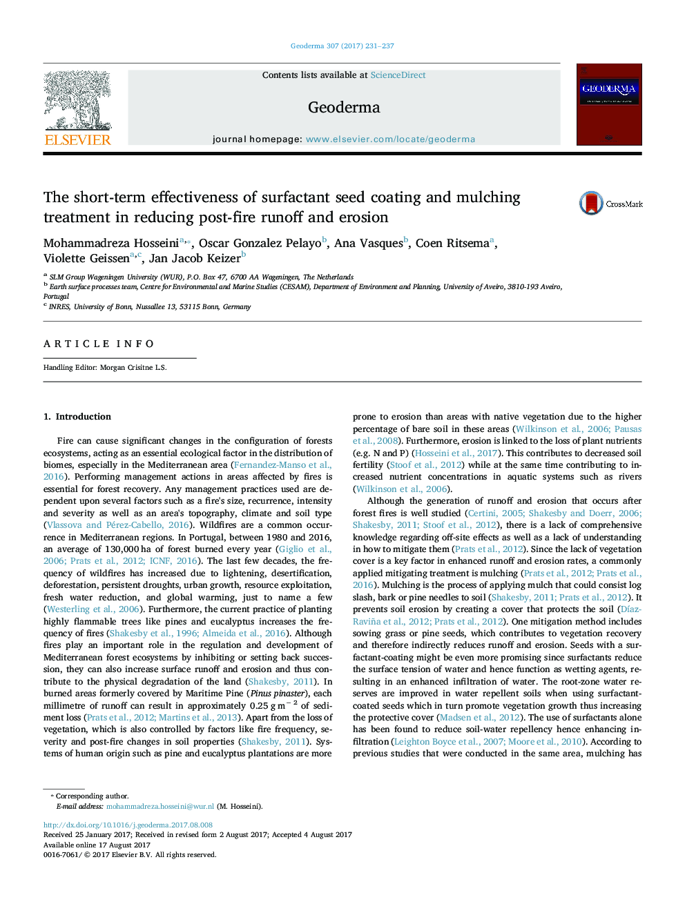 The short-term effectiveness of surfactant seed coating and mulching treatment in reducing post-fire runoff and erosion