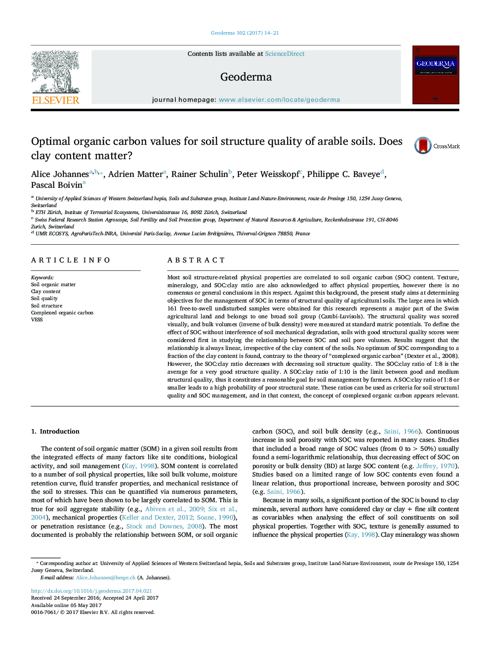 Optimal organic carbon values for soil structure quality of arable soils. Does clay content matter?