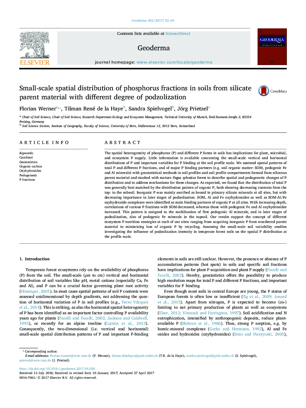 Small-scale spatial distribution of phosphorus fractions in soils from silicate parent material with different degree of podzolization