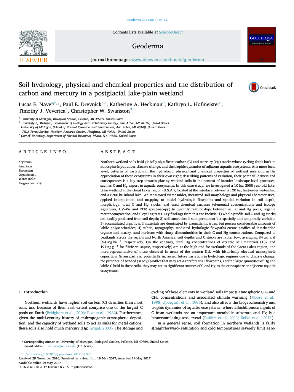 Soil hydrology, physical and chemical properties and the distribution of carbon and mercury in a postglacial lake-plain wetland