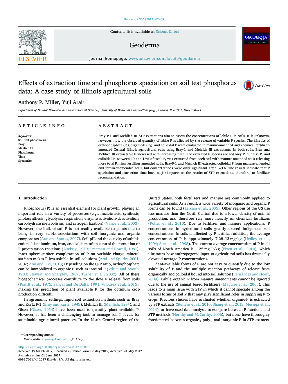 Effects of extraction time and phosphorus speciation on soil test phosphorus data: A case study of Illinois agricultural soils