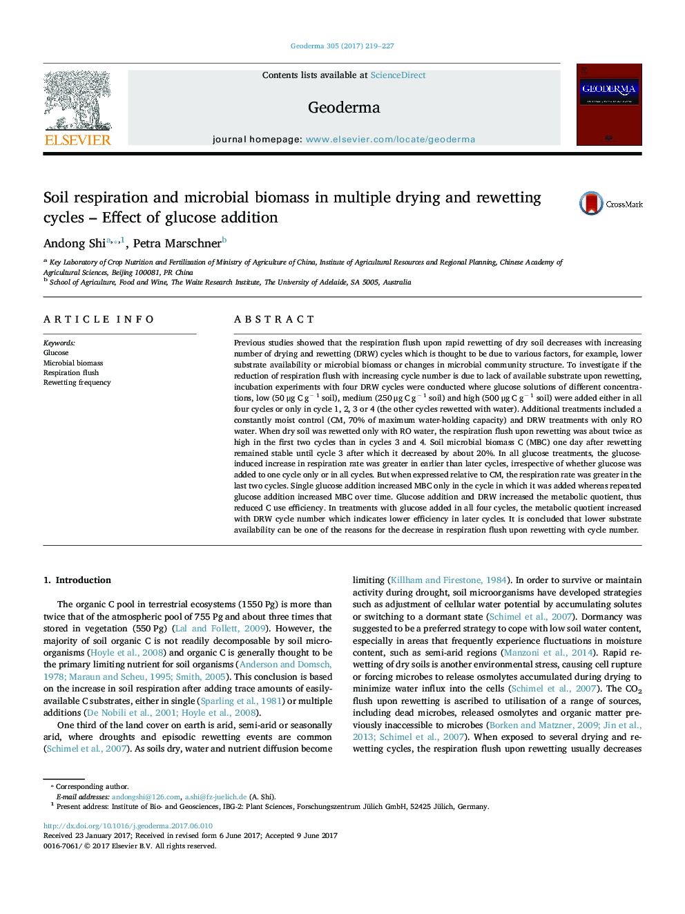 Soil respiration and microbial biomass in multiple drying and rewetting cycles - Effect of glucose addition