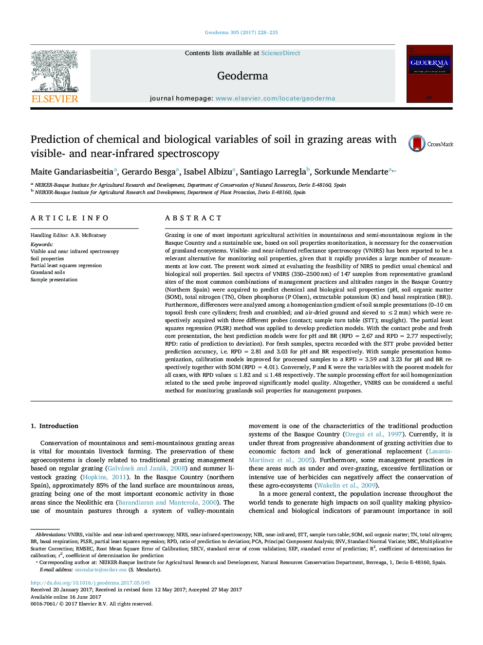 Prediction of chemical and biological variables of soil in grazing areas with visible- and near-infrared spectroscopy