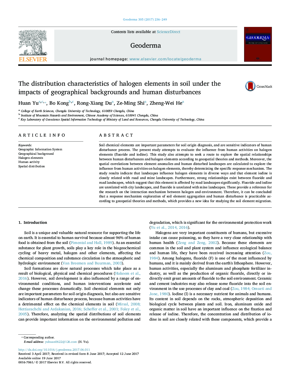 The distribution characteristics of halogen elements in soil under the impacts of geographical backgrounds and human disturbances