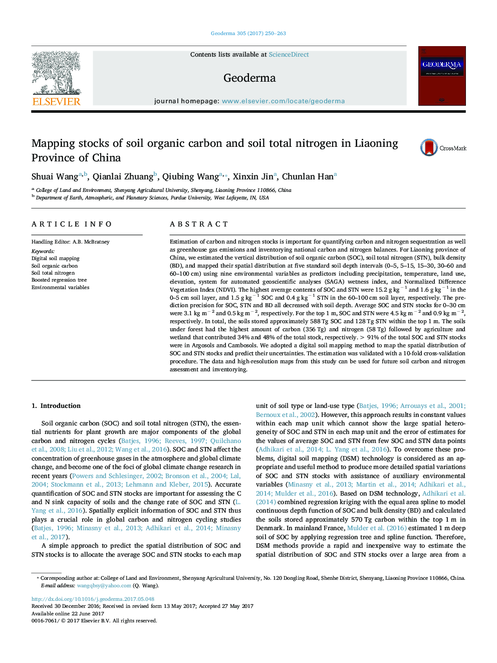 Mapping stocks of soil organic carbon and soil total nitrogen in Liaoning Province of China