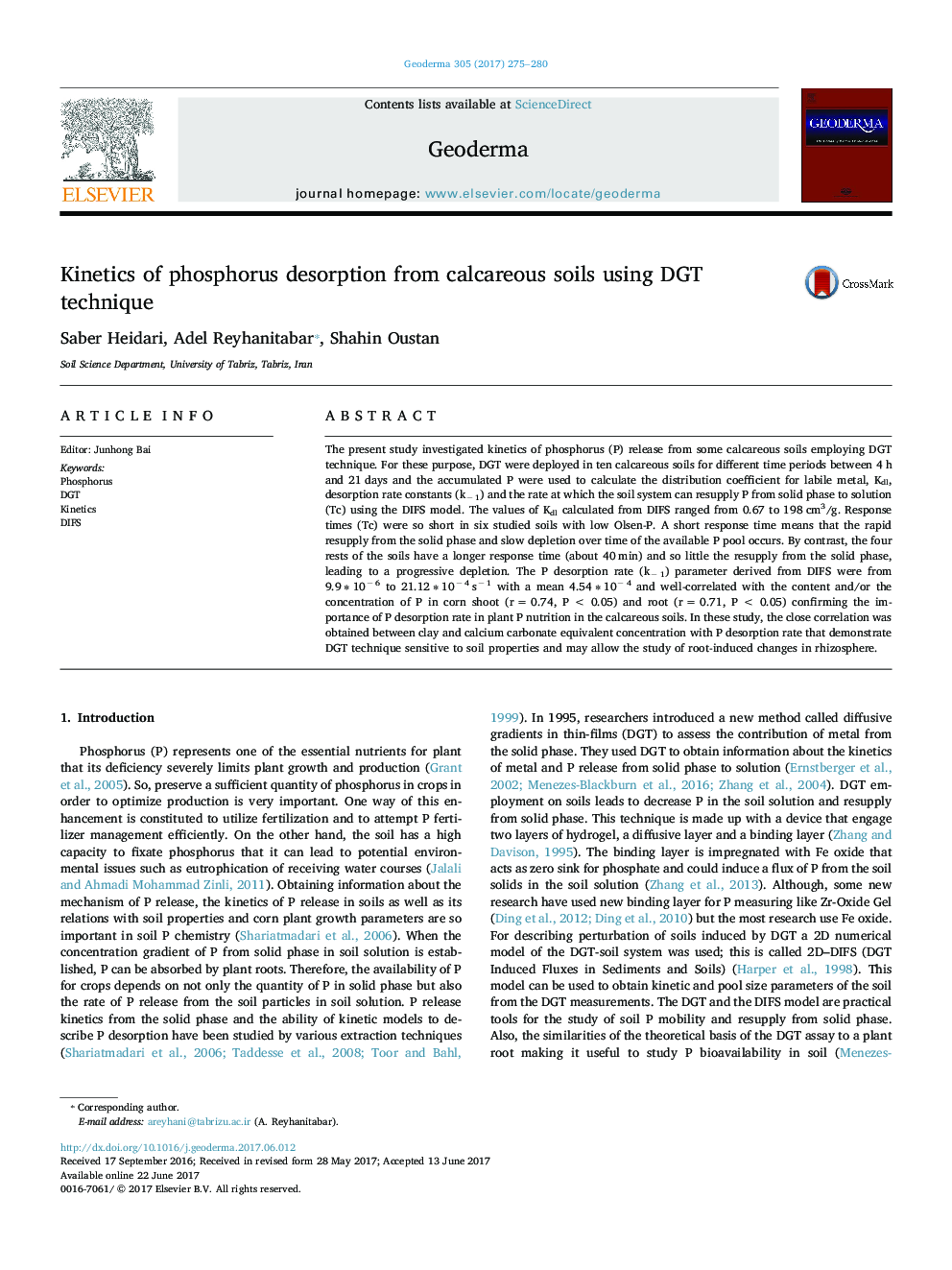 Kinetics of phosphorus desorption from calcareous soils using DGT technique