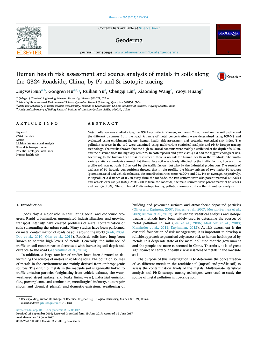 Human health risk assessment and source analysis of metals in soils along the G324 Roadside, China, by Pb and Sr isotopic tracing