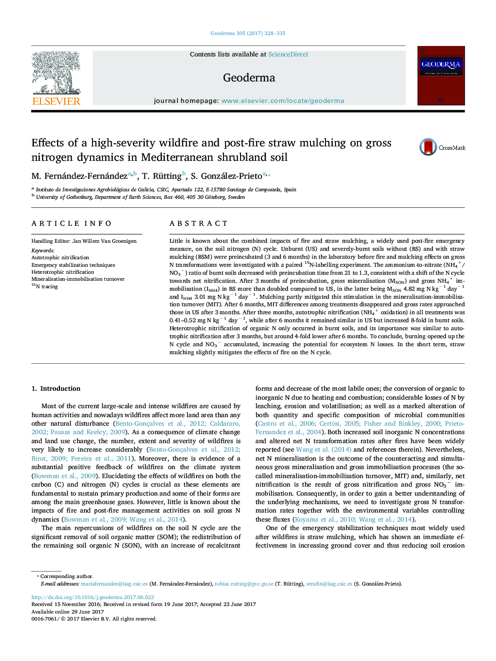 Effects of a high-severity wildfire and post-fire straw mulching on gross nitrogen dynamics in Mediterranean shrubland soil