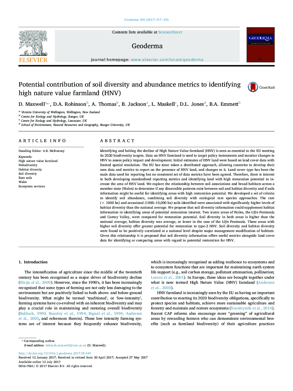 Potential contribution of soil diversity and abundance metrics to identifying high nature value farmland (HNV)