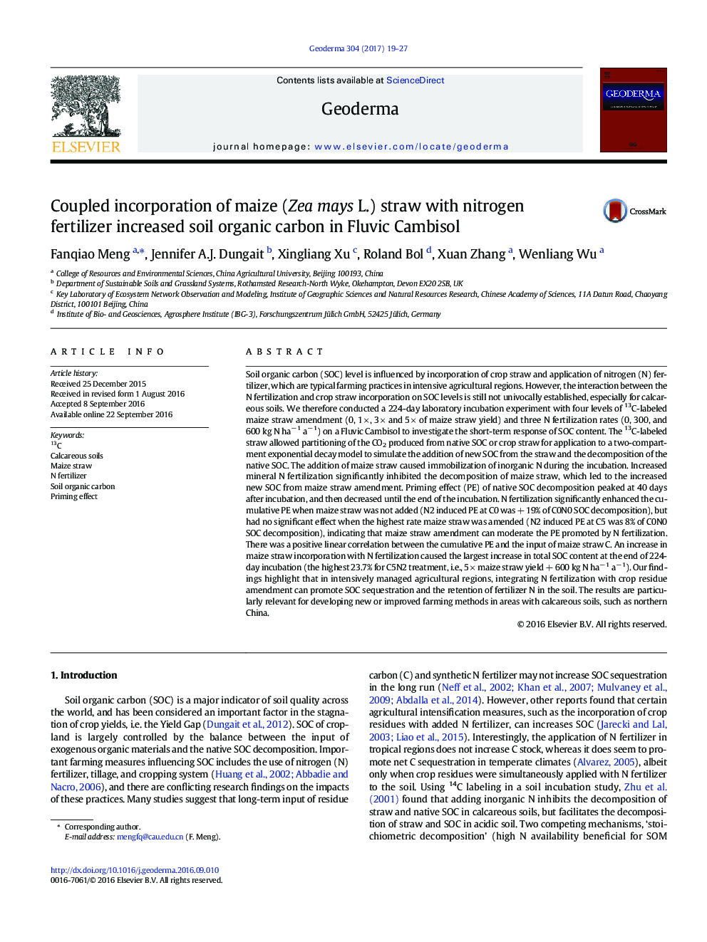 Coupled incorporation of maize (Zea mays L.) straw with nitrogen fertilizer increased soil organic carbon in Fluvic Cambisol