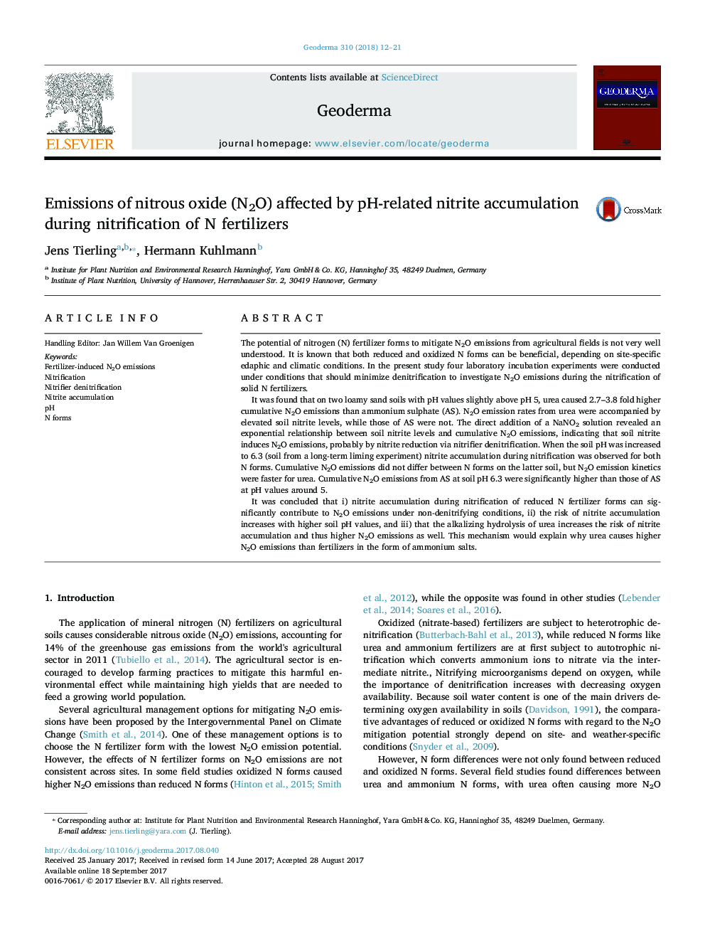 Emissions of nitrous oxide (N2O) affected by pH-related nitrite accumulation during nitrification of N fertilizers