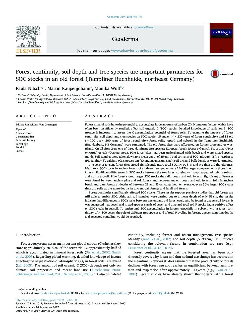 Forest continuity, soil depth and tree species are important parameters for SOC stocks in an old forest (Templiner Buchheide, northeast Germany)