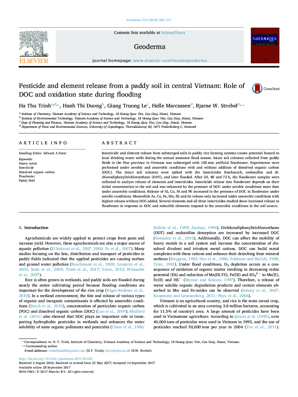 Pesticide and element release from a paddy soil in central Vietnam: Role of DOC and oxidation state during flooding