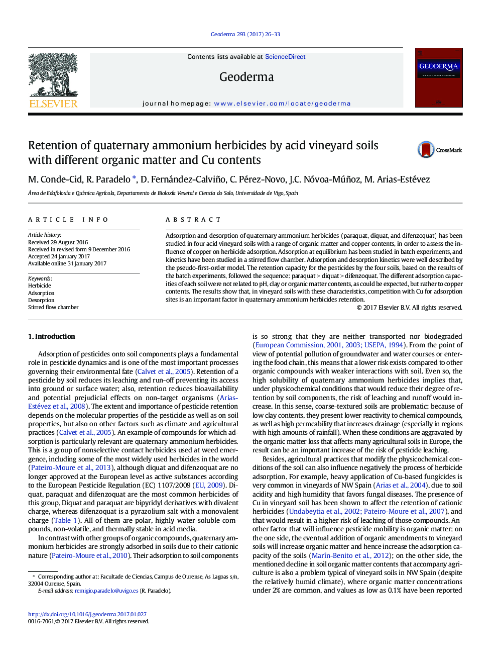 Retention of quaternary ammonium herbicides by acid vineyard soils with different organic matter and Cu contents