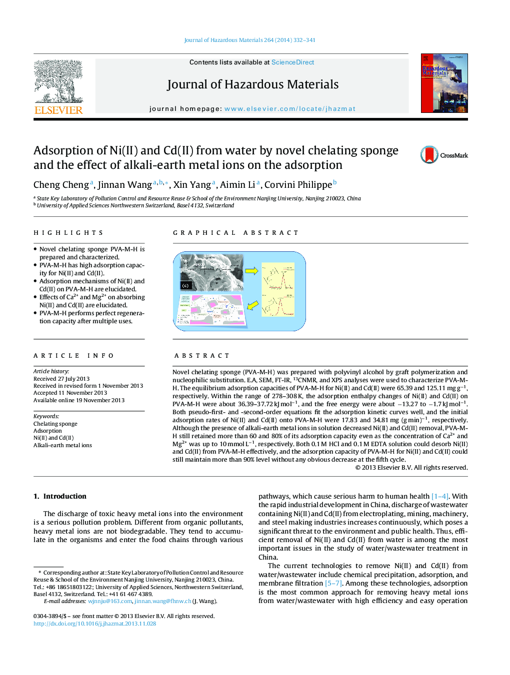 Adsorption of Ni(II) and Cd(II) from water by novel chelating sponge and the effect of alkali-earth metal ions on the adsorption