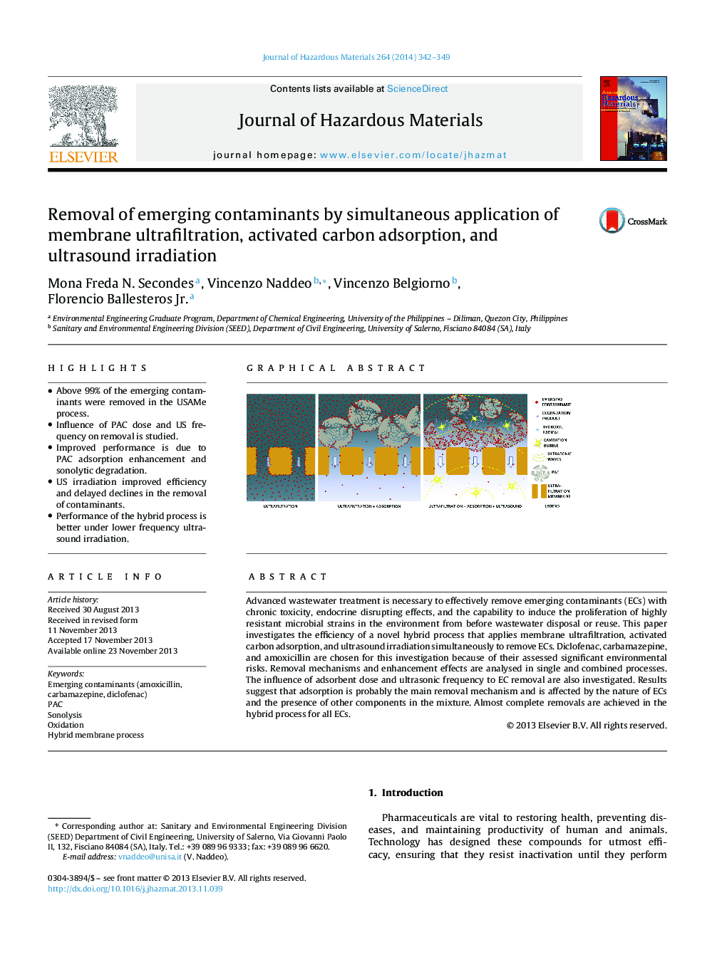 Removal of emerging contaminants by simultaneous application of membrane ultrafiltration, activated carbon adsorption, and ultrasound irradiation