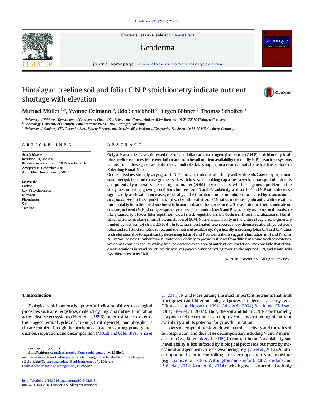 Himalayan treeline soil and foliar C:N:P stoichiometry indicate nutrient shortage with elevation