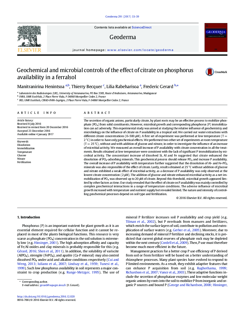 Geochemical and microbial controls of the effect of citrate on phosphorus availability in a ferralsol