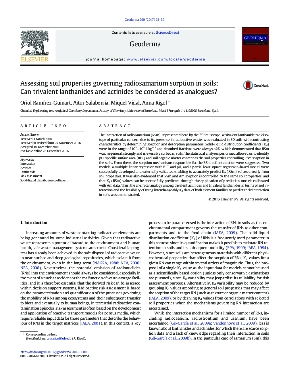 ارزیابی ویژگیهای خاک در جذب رادیوساماریوم در خاک: آیا لانتانیدها و اکتینید های سه گانه به عنوان آنالوگ مورد توجه قرار می گیرند؟ 