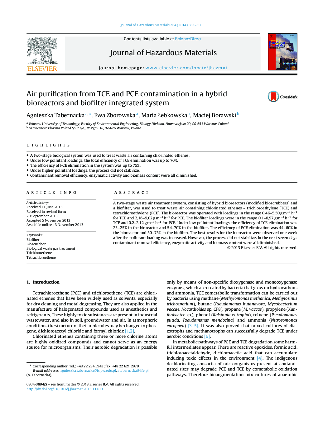 Air purification from TCE and PCE contamination in a hybrid bioreactors and biofilter integrated system