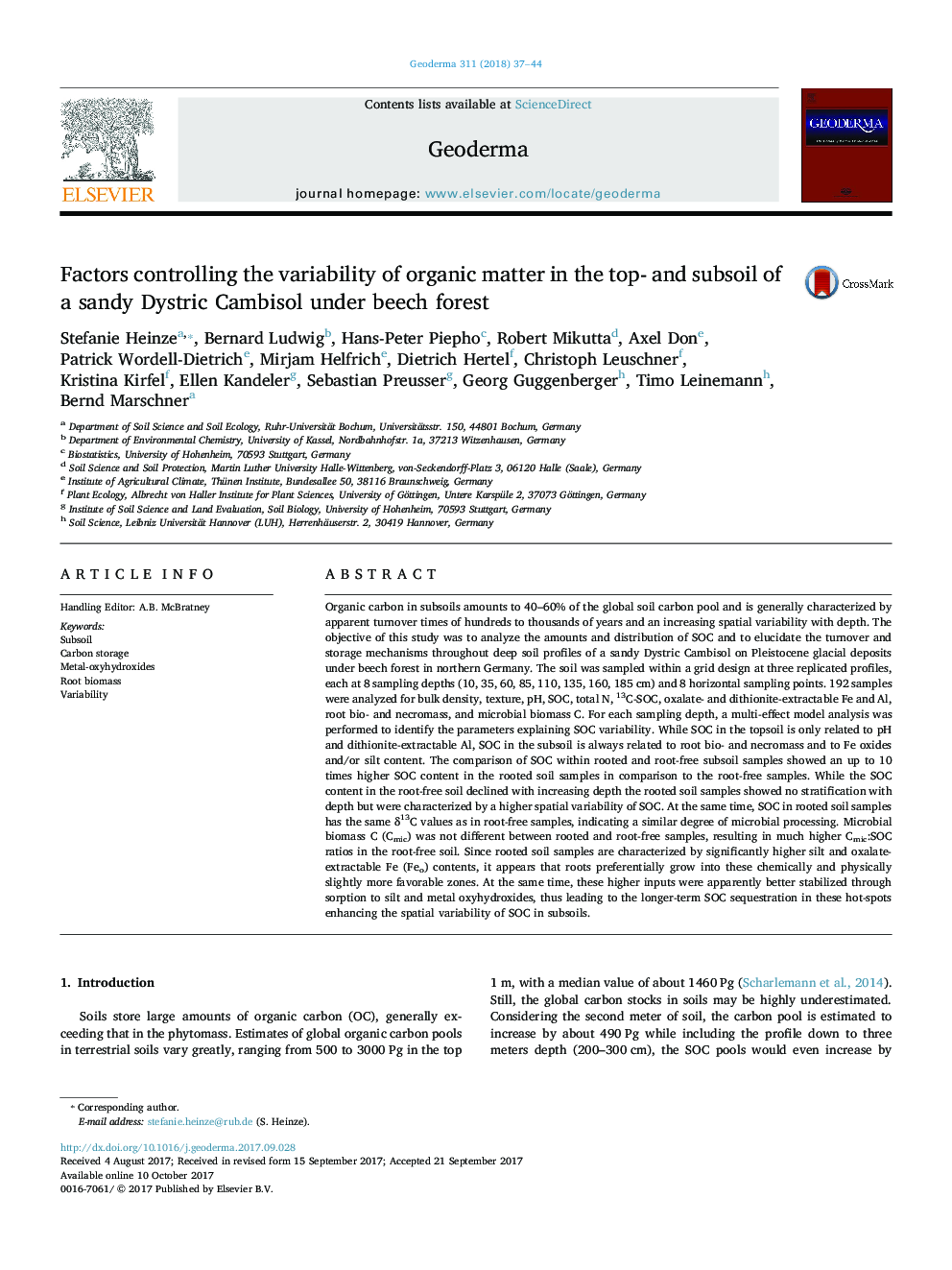 Factors controlling the variability of organic matter in the top- and subsoil of a sandy Dystric Cambisol under beech forest