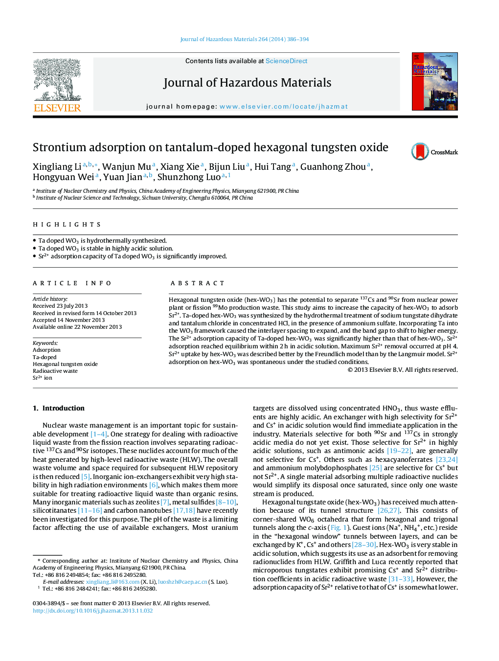 Strontium adsorption on tantalum-doped hexagonal tungsten oxide