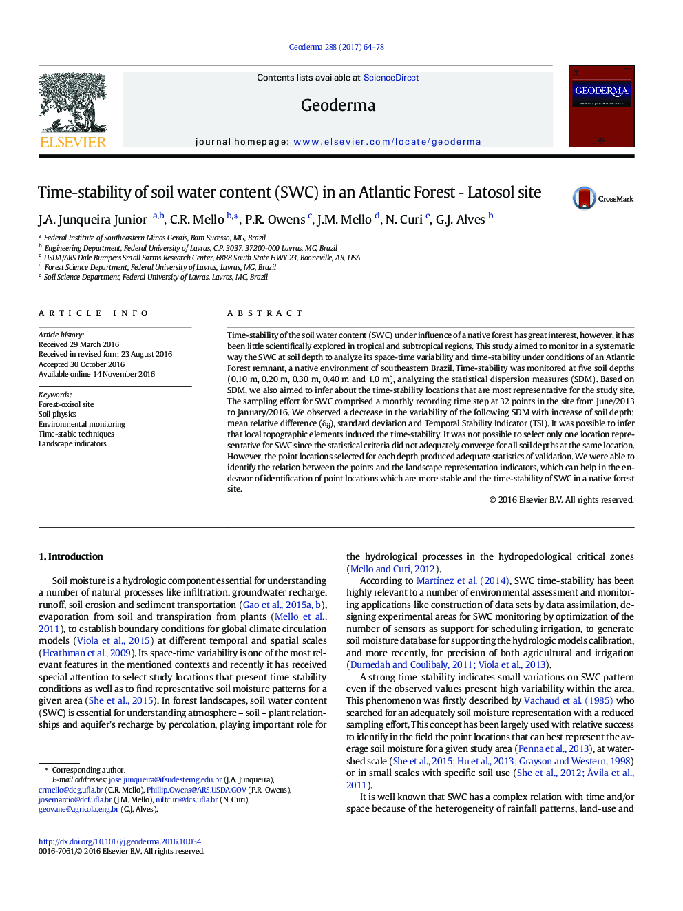 Time-stability of soil water content (SWC) in an Atlantic Forest - Latosol site