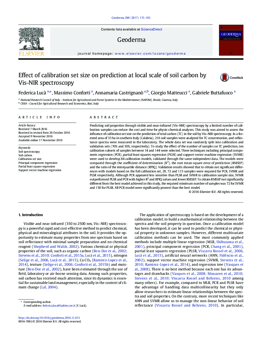 Effect of calibration set size on prediction at local scale of soil carbon by Vis-NIR spectroscopy