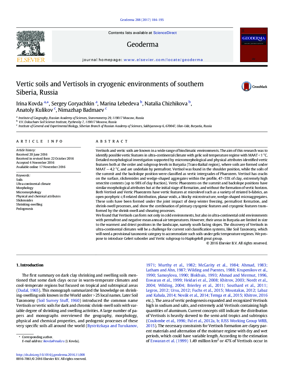 Vertic soils and Vertisols in cryogenic environments of southern Siberia, Russia