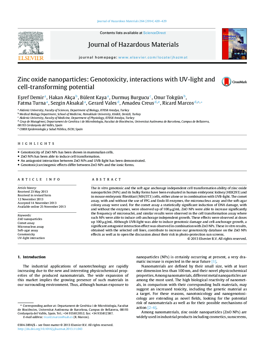 Zinc oxide nanoparticles: Genotoxicity, interactions with UV-light and cell-transforming potential