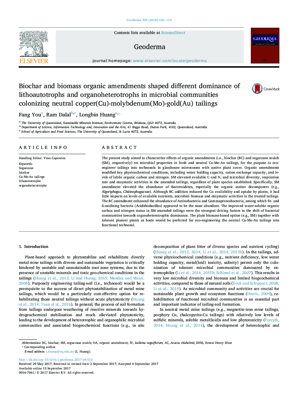 Biochar and biomass organic amendments shaped different dominance of lithoautotrophs and organoheterotrophs in microbial communities colonizing neutral copper(Cu)-molybdenum(Mo)-gold(Au) tailings