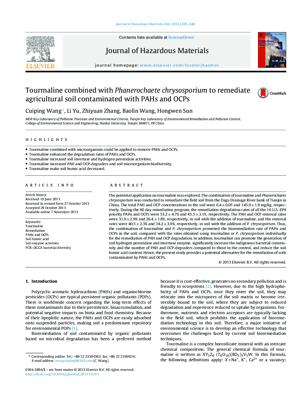 عکس صفحه اول مقاله: Tourmaline combined with Phanerochaete chrysosporium to remediate agricultural soil contaminated with PAHs and OCPs Tourmaline combined with Phanerochaete chrysosporium to remediate agricultural soil contaminated with PAHs and OCPs