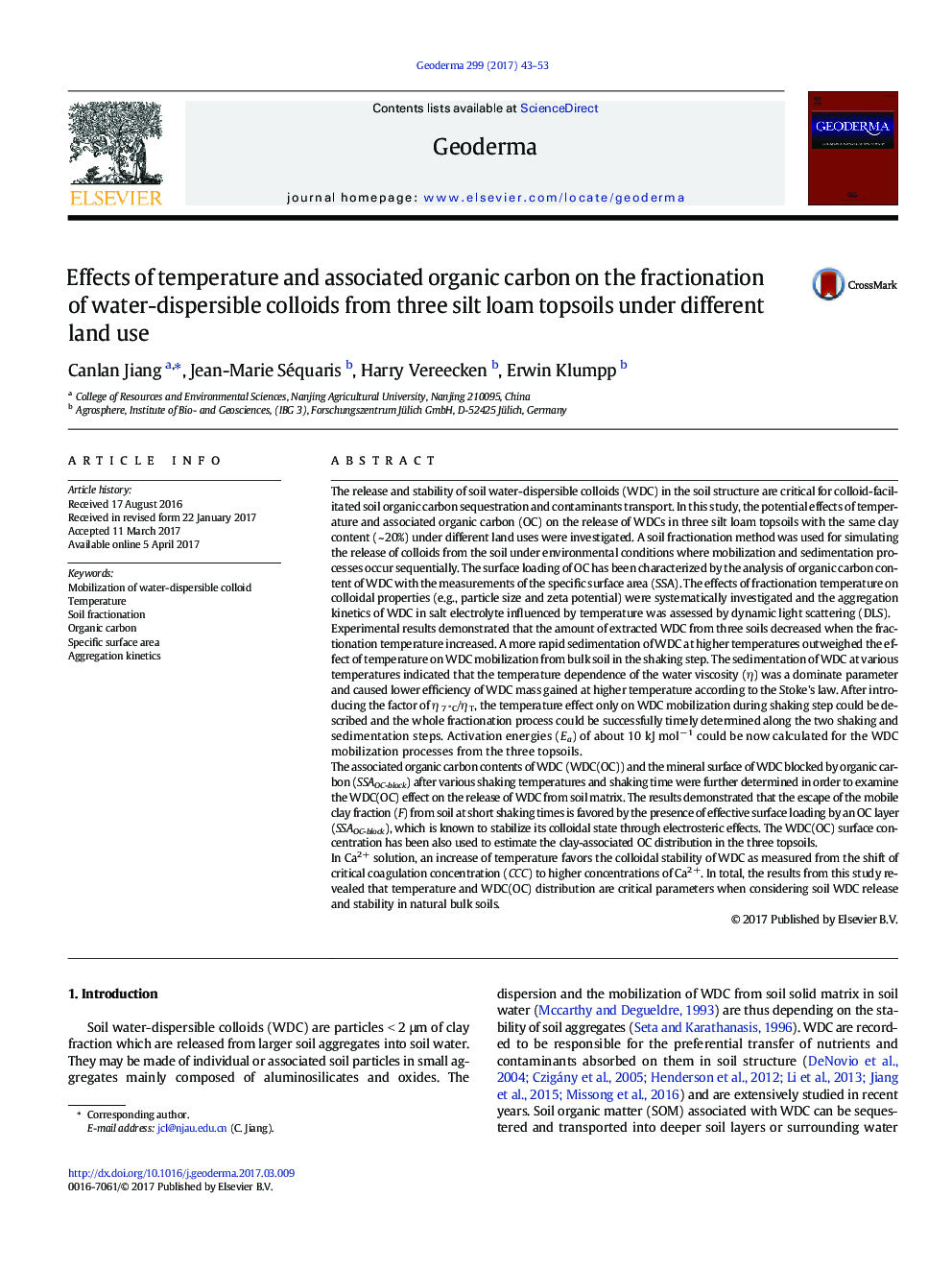 Effects of temperature and associated organic carbon on the fractionation of water-dispersible colloids from three silt loam topsoils under different land use