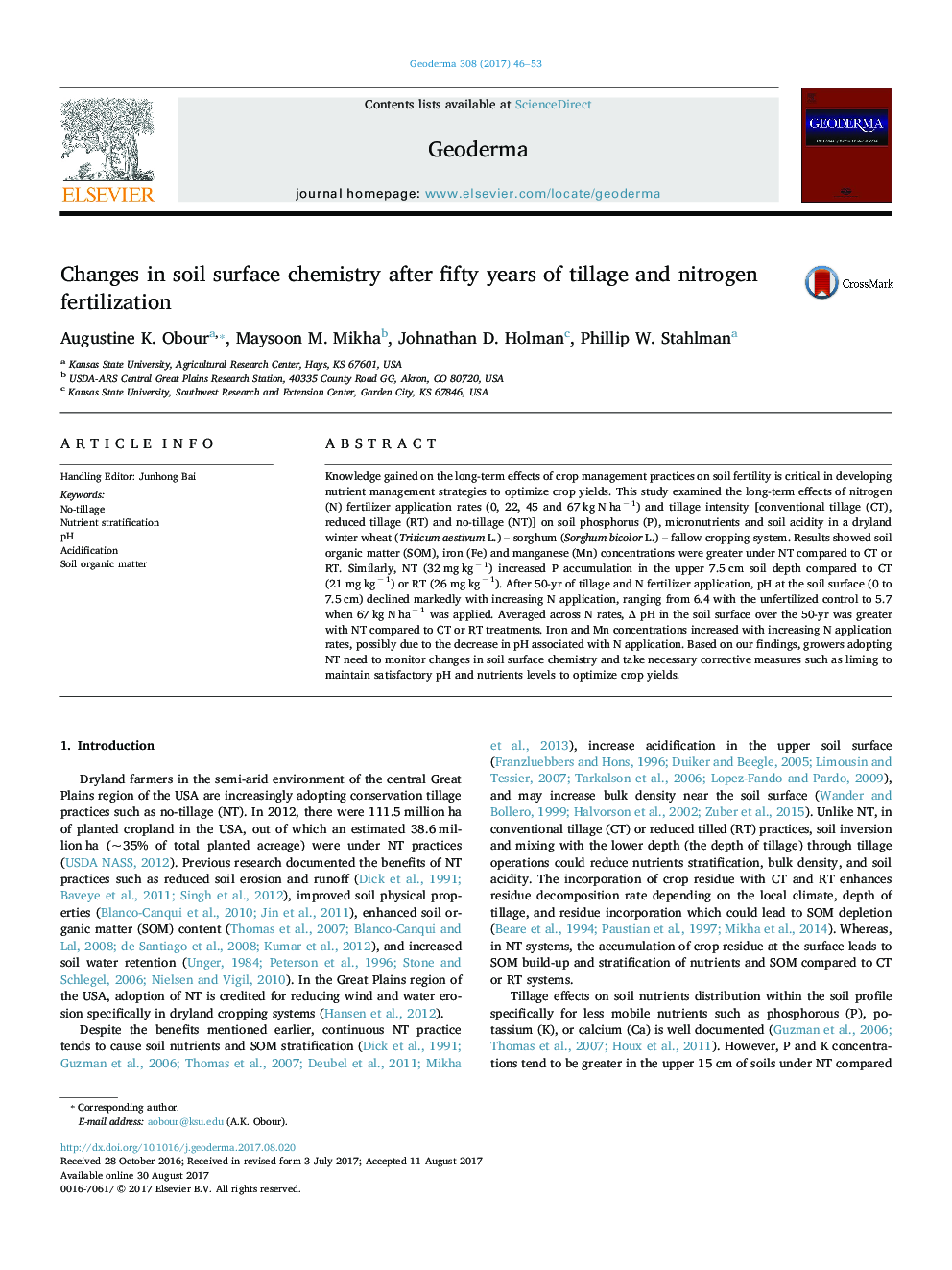 Changes in soil surface chemistry after fifty years of tillage and nitrogen fertilization