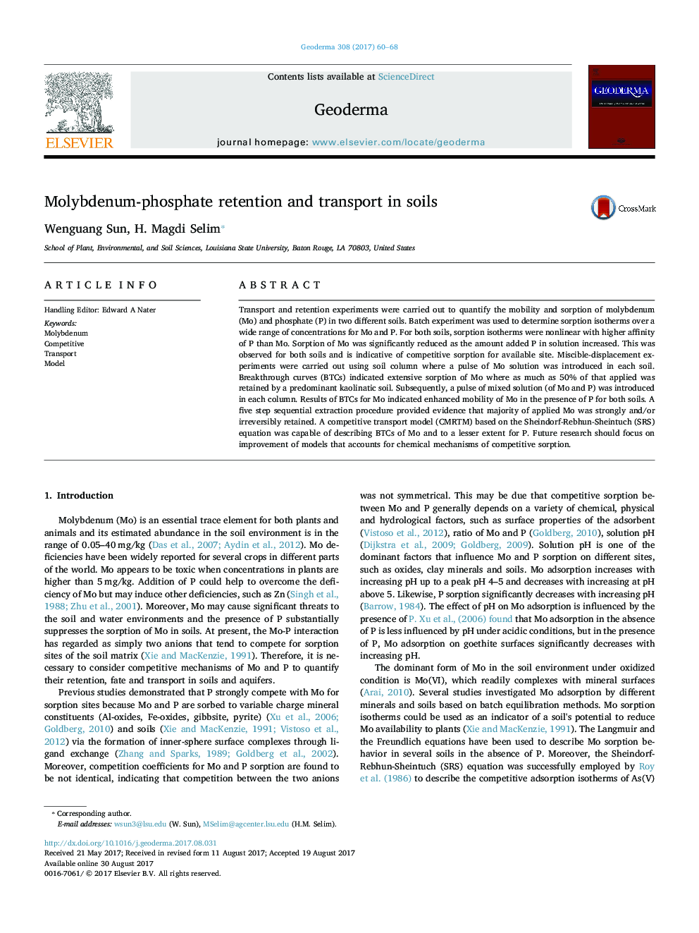 Molybdenum-phosphate retention and transport in soils