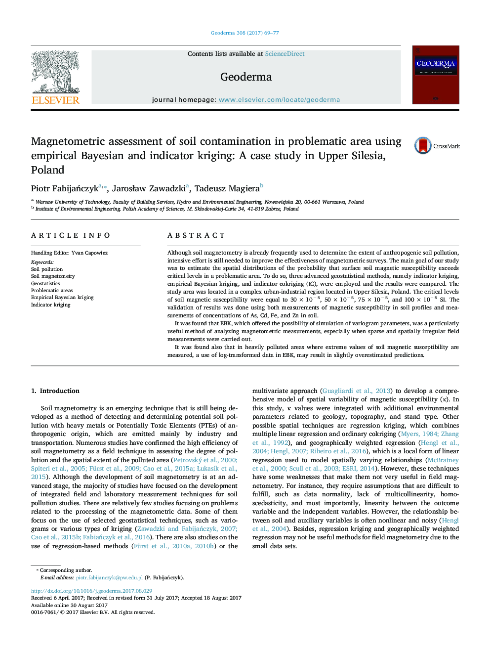 Magnetometric assessment of soil contamination in problematic area using empirical Bayesian and indicator kriging: A case study in Upper Silesia, Poland