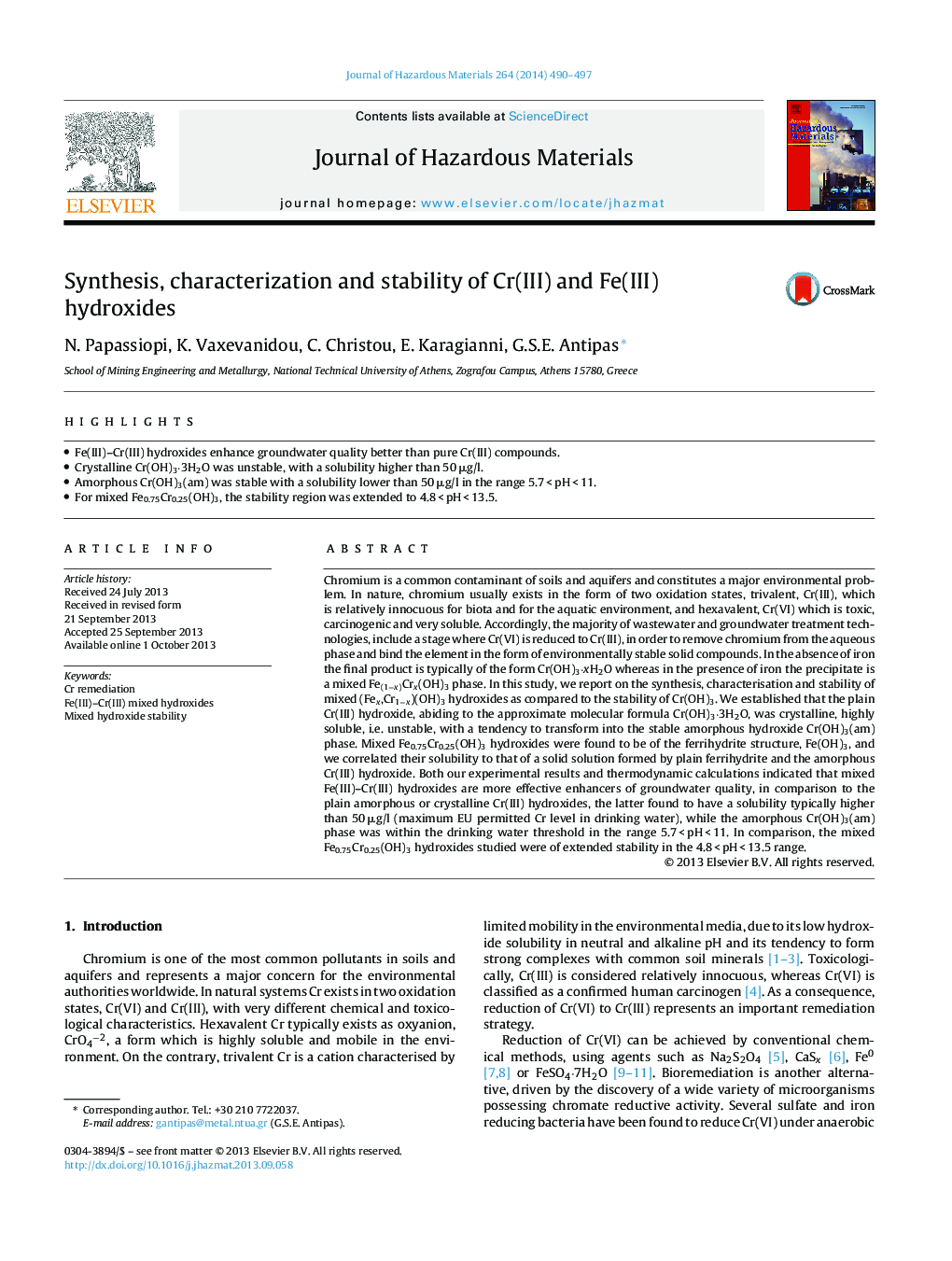 Synthesis, characterization and stability of Cr(III) and Fe(III) hydroxides