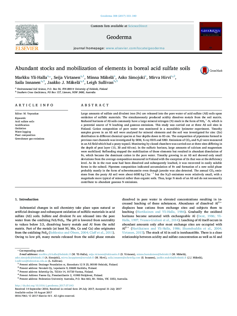 Abundant stocks and mobilization of elements in boreal acid sulfate soils