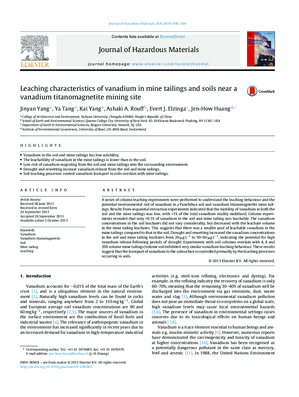 Leaching characteristics of vanadium in mine tailings and soils near a vanadium titanomagnetite mining site