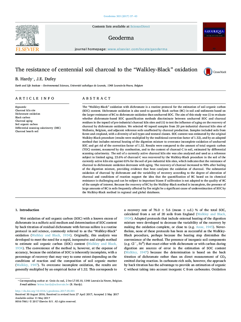 The resistance of centennial soil charcoal to the “Walkley-Black” oxidation