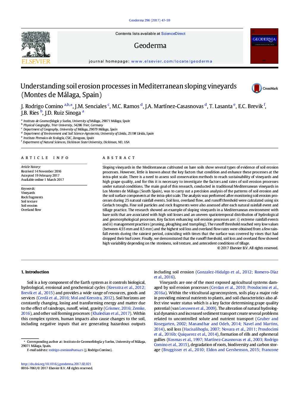 Understanding soil erosion processes in Mediterranean sloping vineyards (Montes de Málaga, Spain)