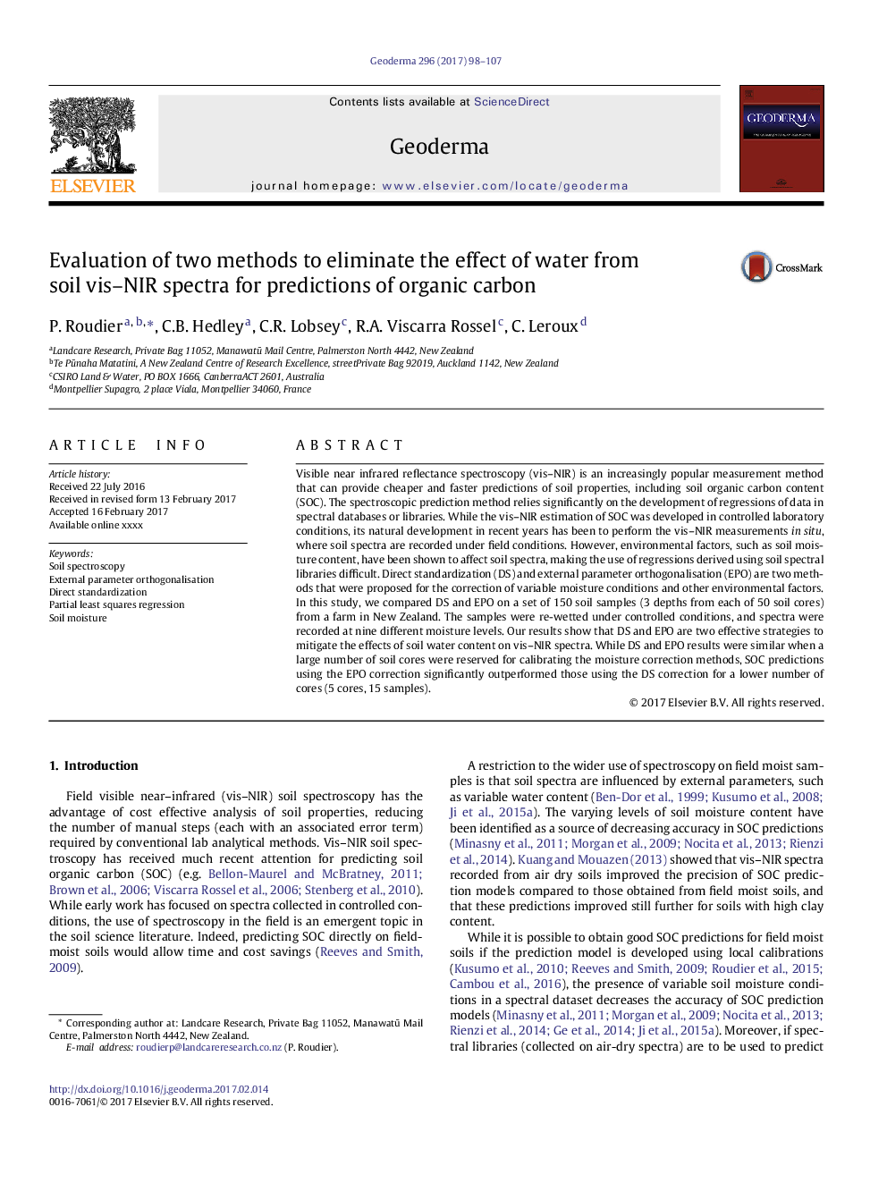 Evaluation of two methods to eliminate the effect of water from soilÂ vis-NIR spectra for predictions of organic carbon