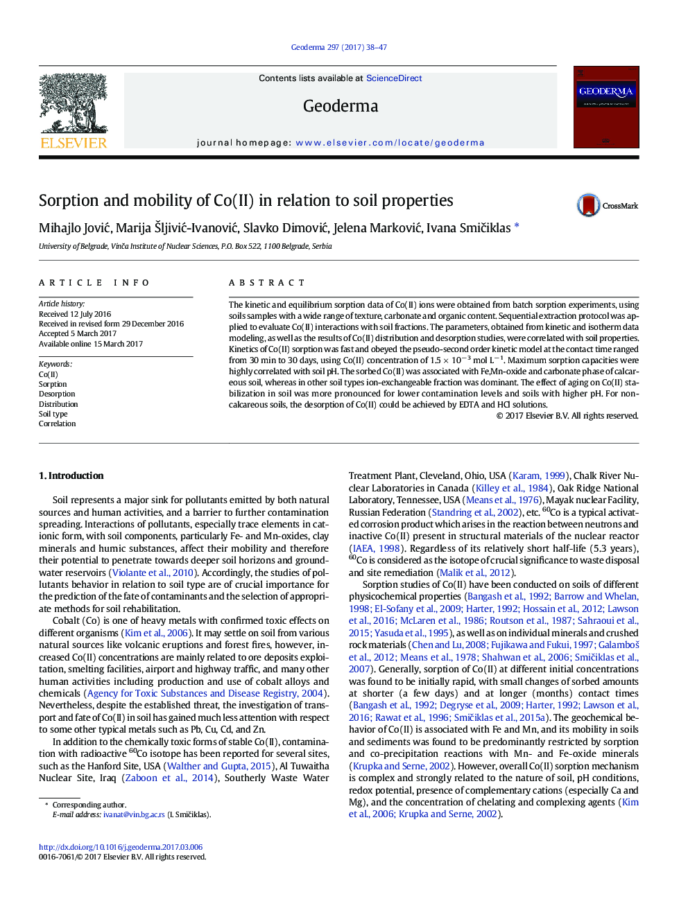 Sorption and mobility of Co(II) in relation to soil properties