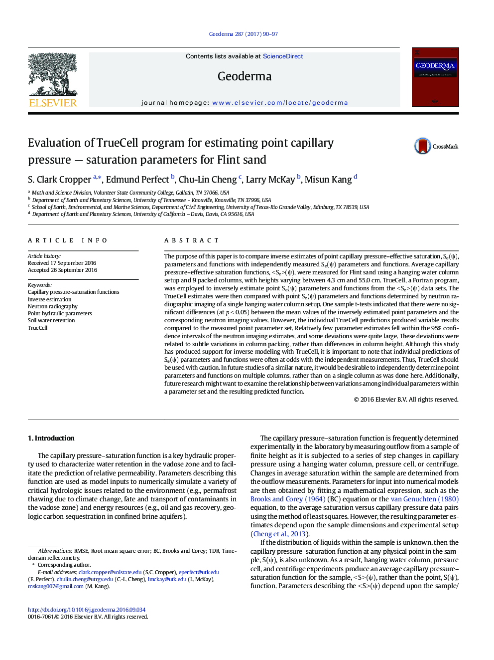 Evaluation of TrueCell program for estimating point capillary pressure - saturation parameters for Flint sand